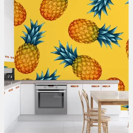 Wall mural tropical pineapple pattern on yellow background • Wallissimo®