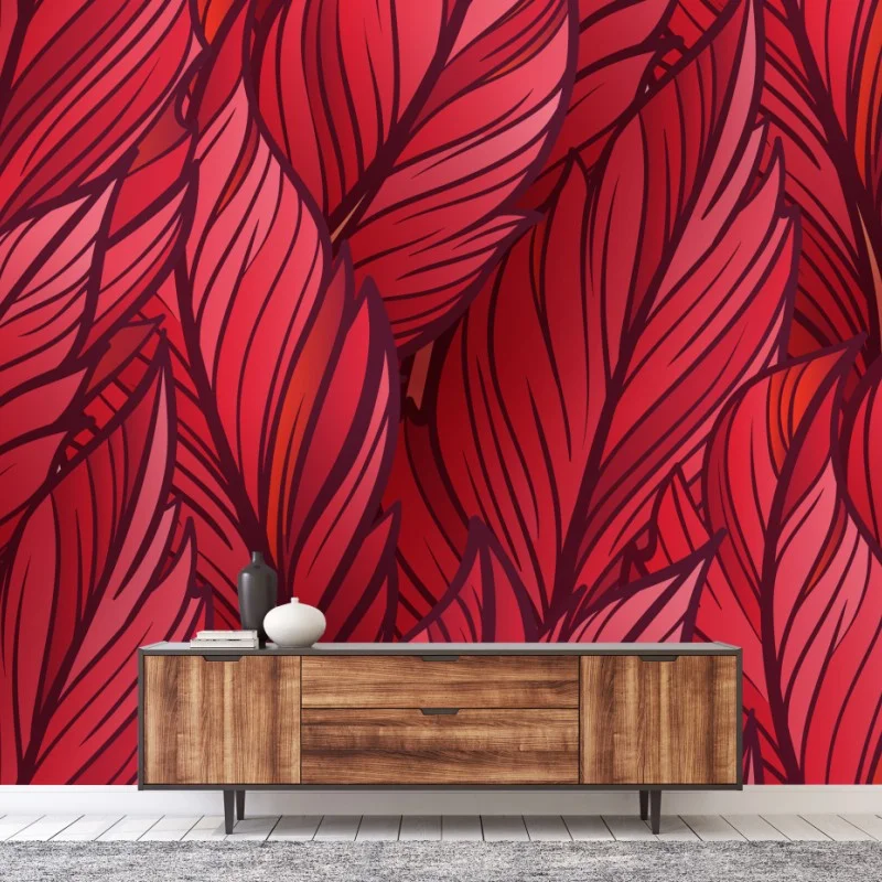 Wall mural red botanical leaf pattern