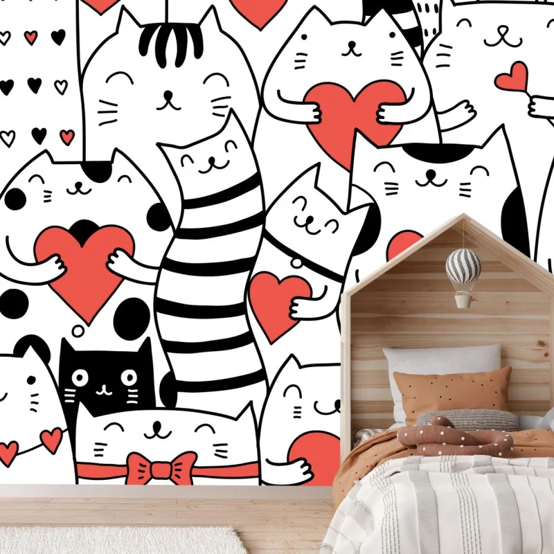 Wall mural cute cats with hearts pattern