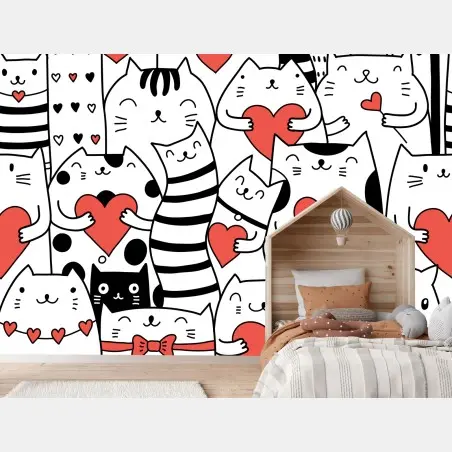 Wall mural cute cats with hearts pattern • Wallissimo®