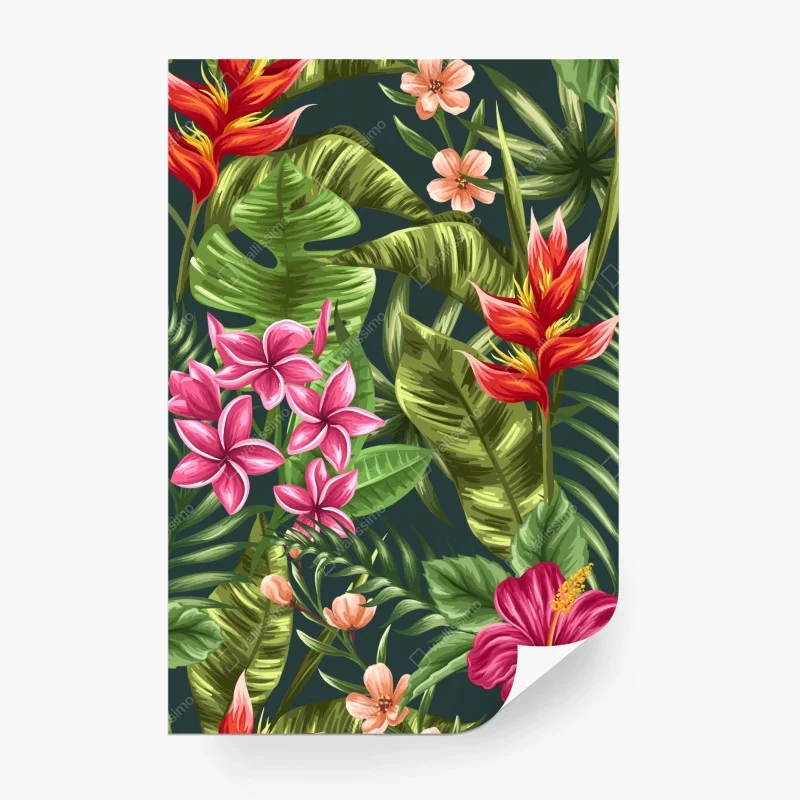 Wall mural tropical hibiscus and plumeria floral pattern