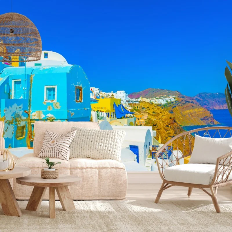 Wall mural sunlit view of Oia, Santorini coast
