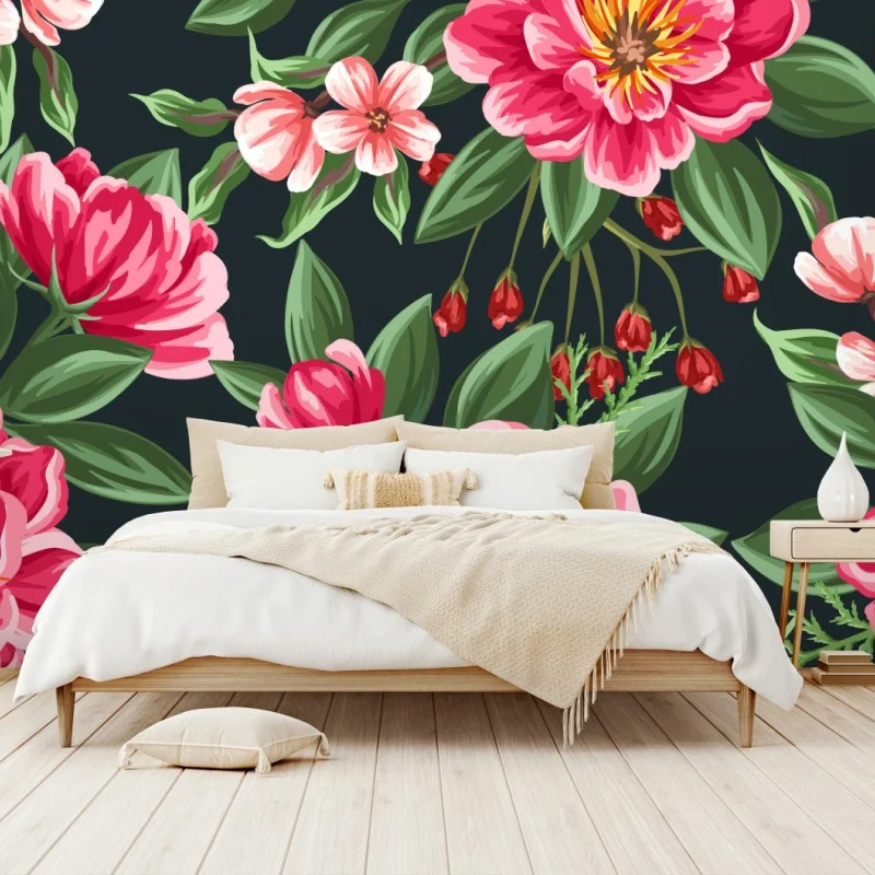 Wall mural pink watercolor floral pattern on dark background