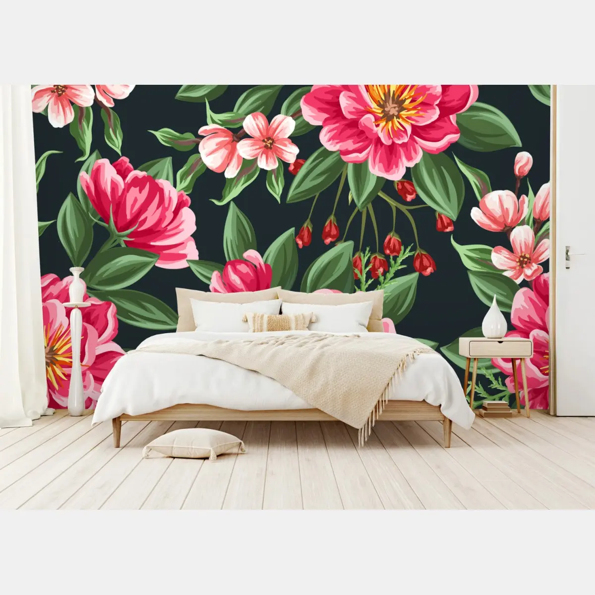 Wall mural pink watercolor floral pattern on dark background • Wallissimo®
