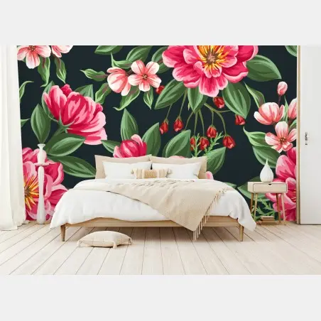 Wall mural pink watercolor floral pattern on dark background • Wallissimo®