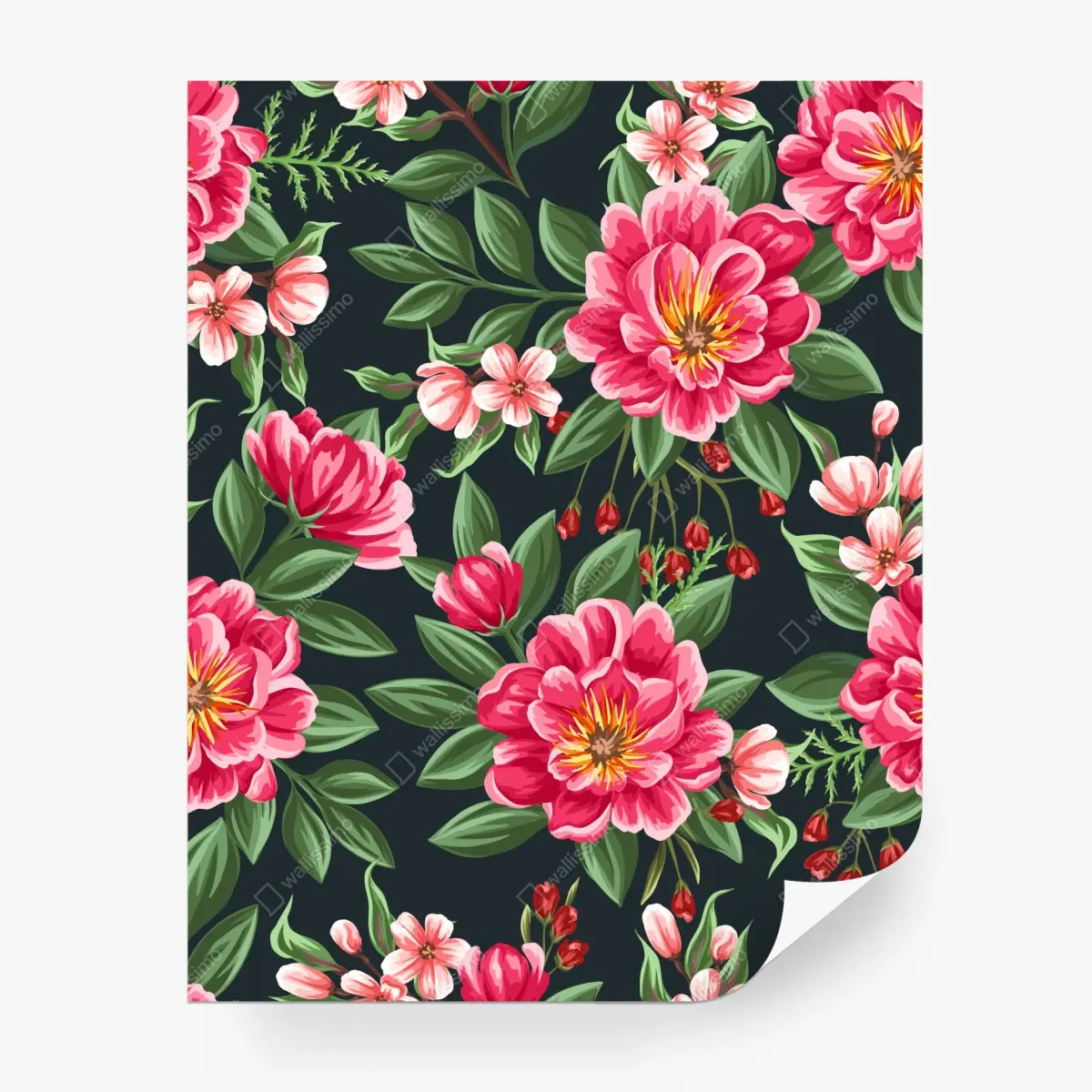 Wall mural pink watercolor floral pattern on dark background • Wallissimo®