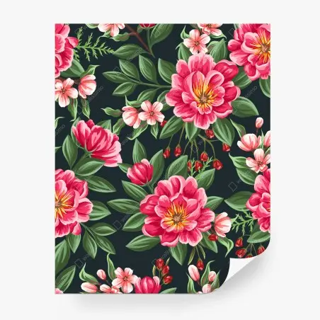 Wall mural pink watercolor floral pattern on dark background • Wallissimo®