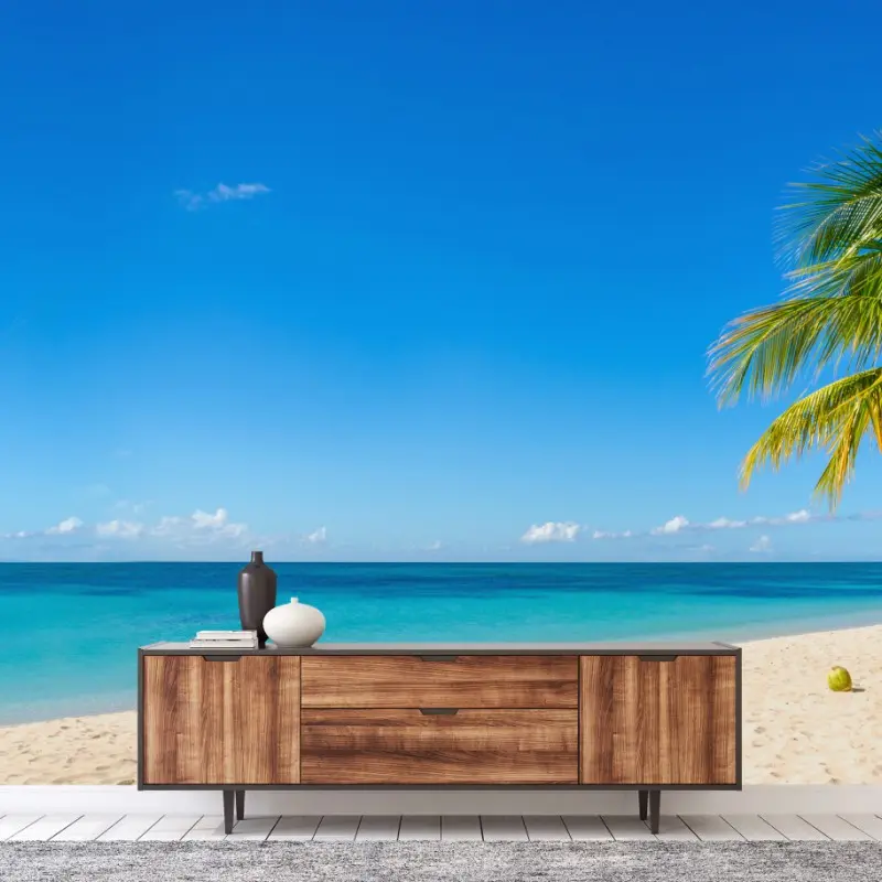 Wall mural tropical turquoise beach with palm tree