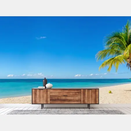 Wall mural tropical turquoise beach with palm tree • Wallissimo®