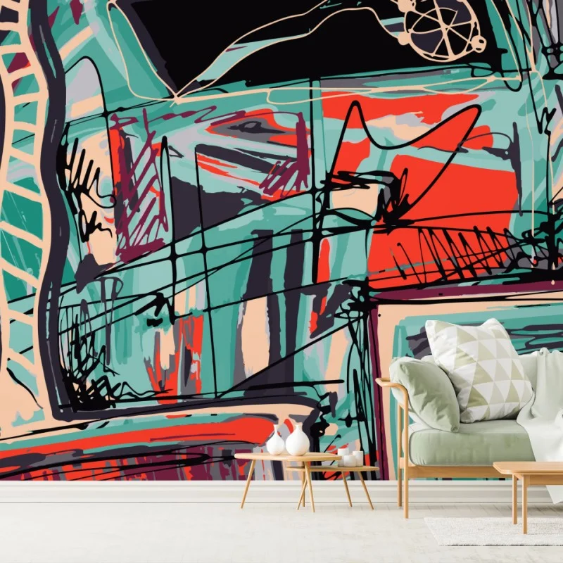 Wall mural turquoise and coral abstract cityscape lines