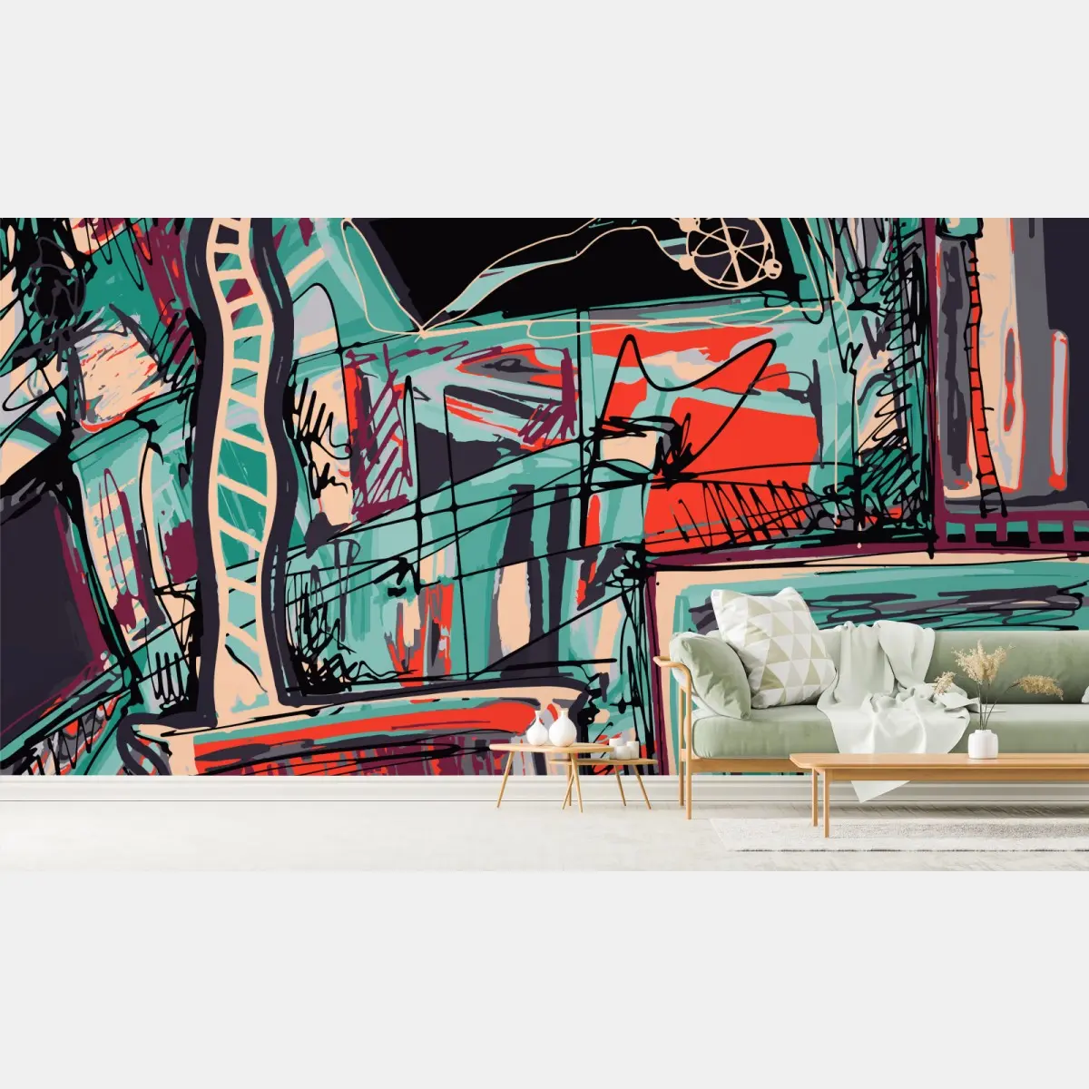 Wall mural turquoise and coral abstract cityscape lines • Wallissimo®