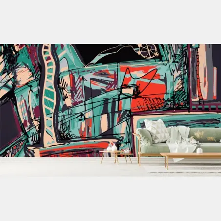 Wall mural turquoise and coral abstract cityscape lines • Wallissimo®