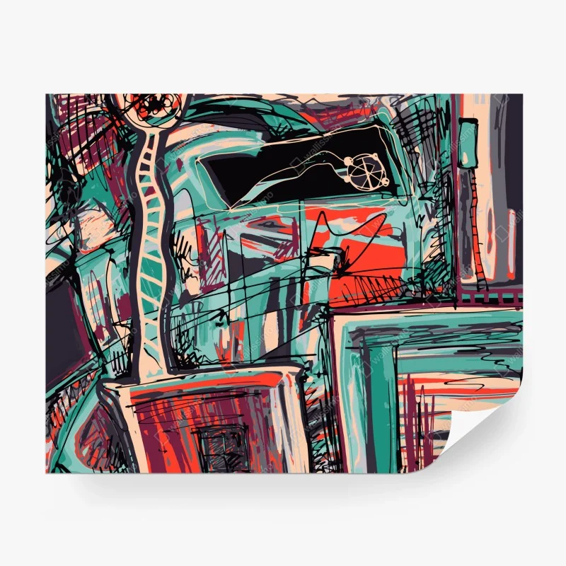 Wall mural turquoise and coral abstract cityscape lines
