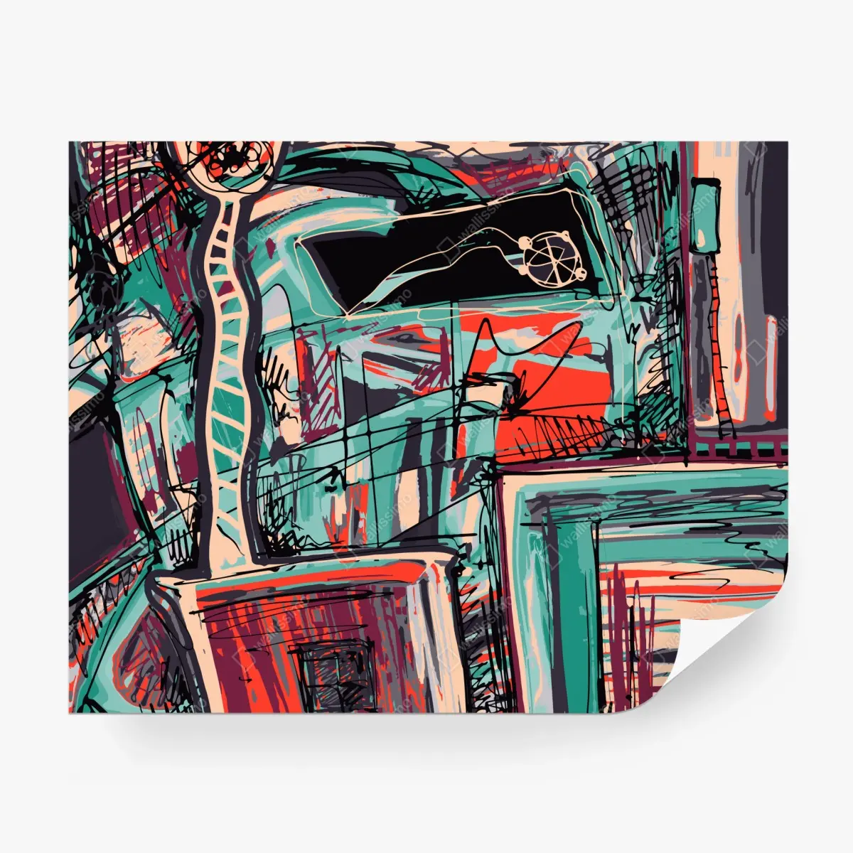 Wall mural turquoise and coral abstract cityscape lines • Wallissimo®
