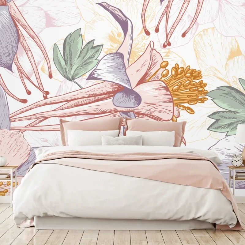 Wall mural soft pastel botanical blooms