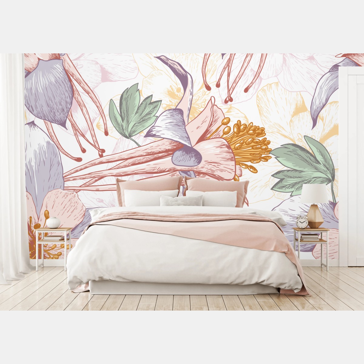 Wall mural soft pastel botanical blooms • Wallissimo®