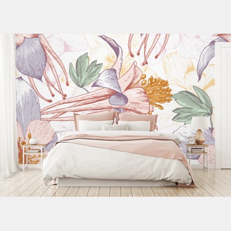 Wall mural soft pastel botanical blooms • Wallissimo®