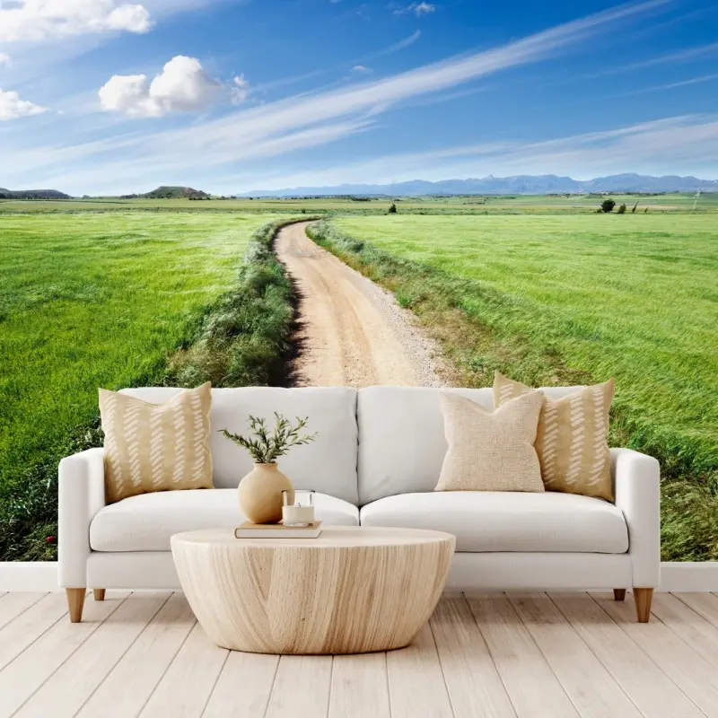 Wall mural winding country road through green meadows