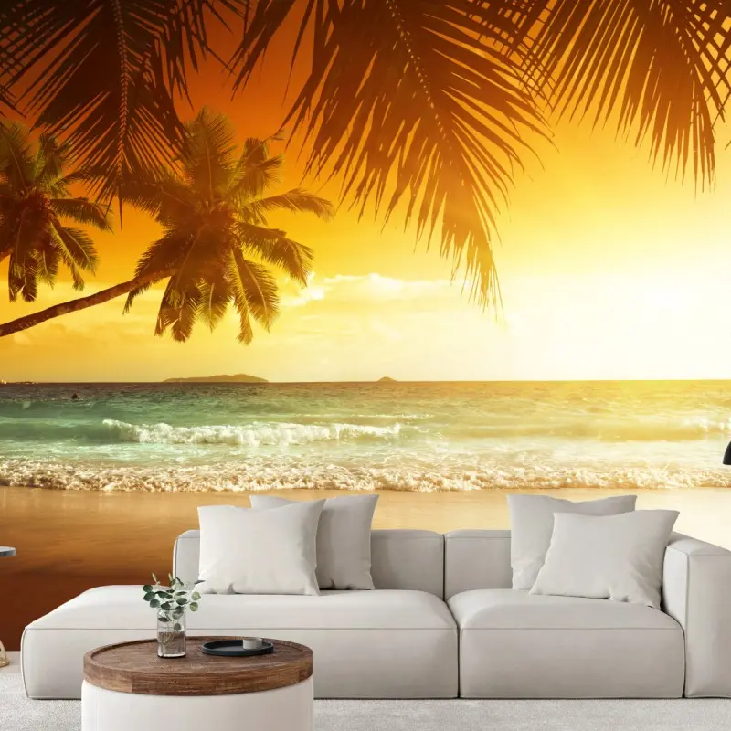 Wall mural golden Caribbean sunset over palm beach
