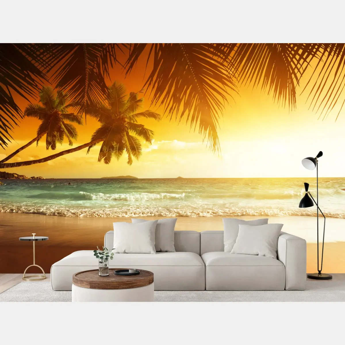 Wall mural golden Caribbean sunset over palm beach • Wallissimo®