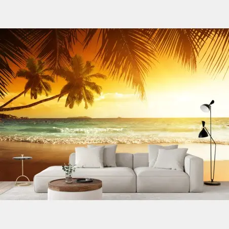Wall mural golden Caribbean sunset over palm beach • Wallissimo®