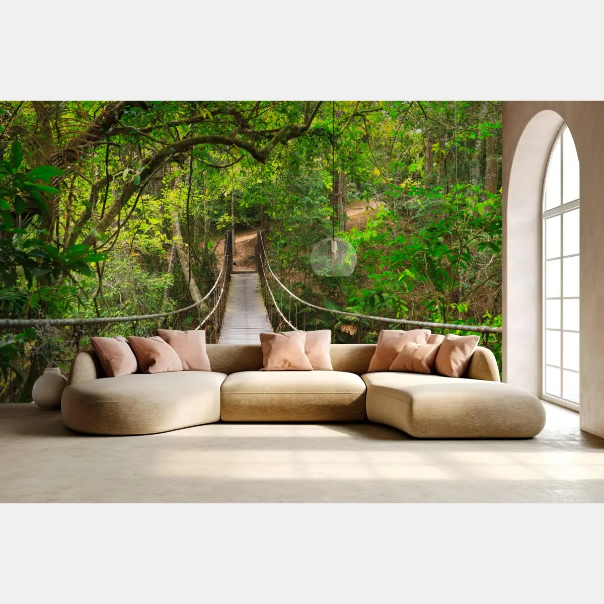 Wall mural suspended forest footbridge through green canopy • Wallissimo®