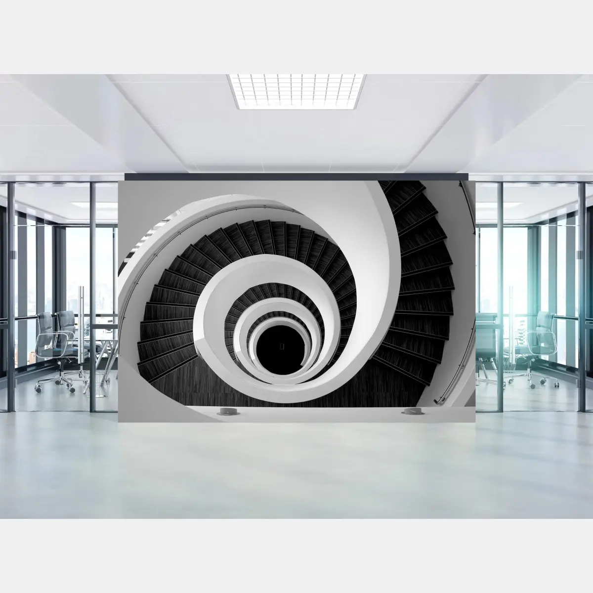 Wall mural spiral staircase in monochrome • Wallissimo®