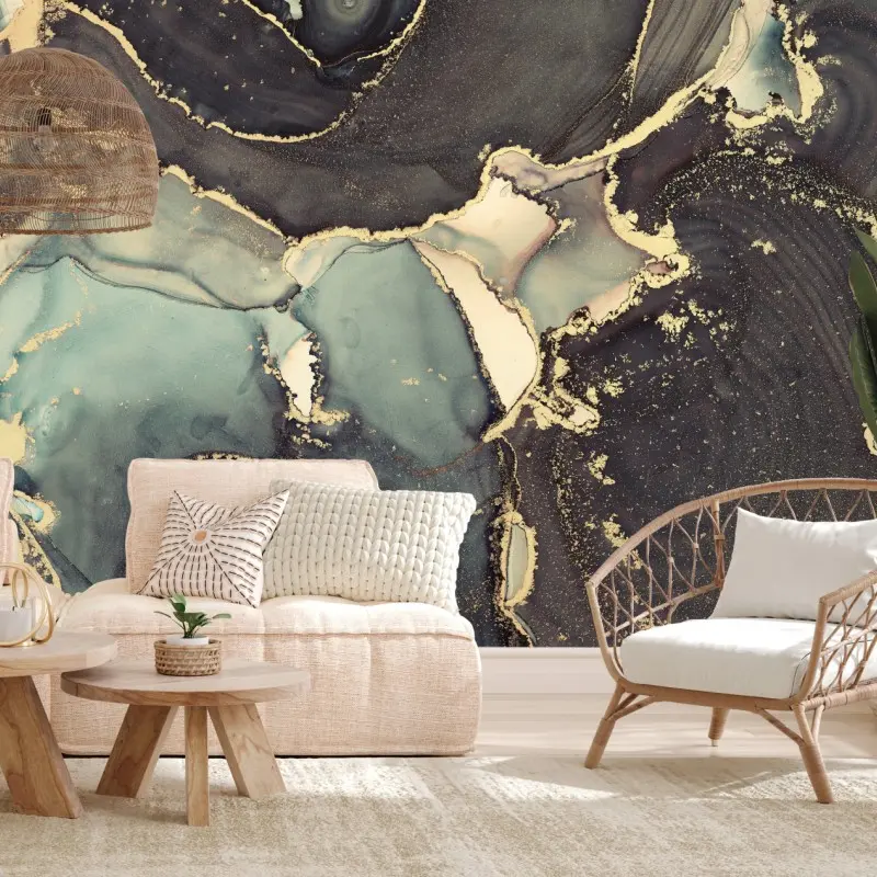 Wall mural turquoise and gold abstract fluid art