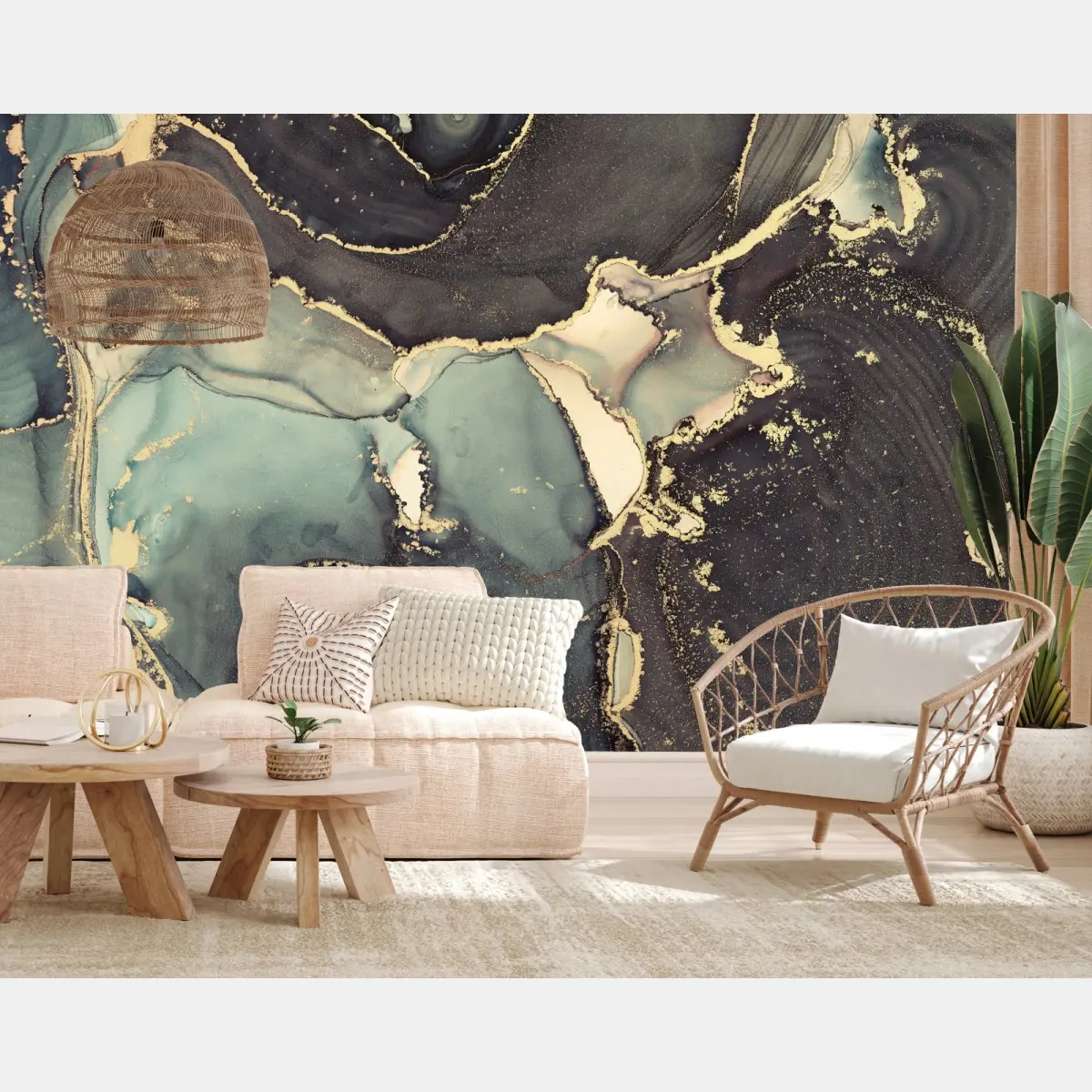 Wall mural turquoise and gold abstract fluid art • Wallissimo®