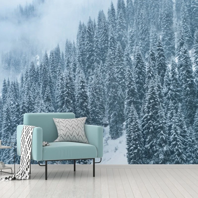 Wall mural misty snow-covered pine forest