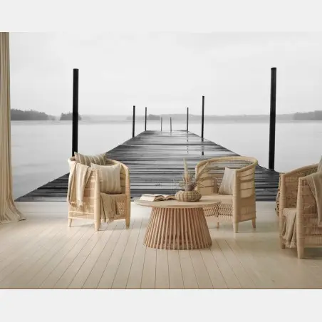 Wall mural misty lake pier in monochrome • Wallissimo®