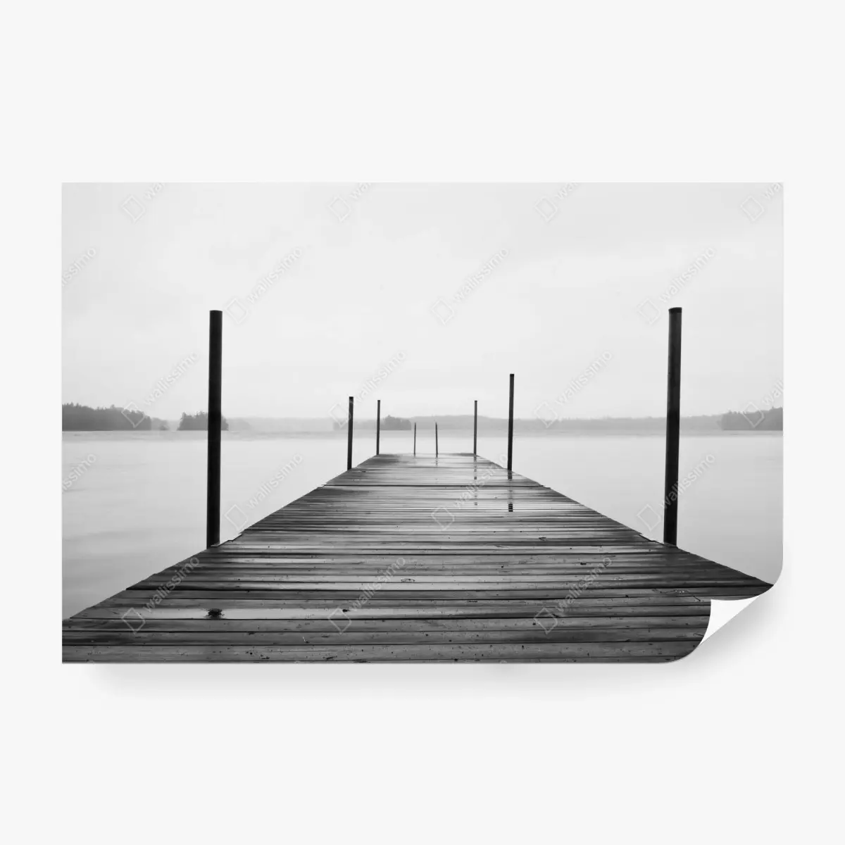Wall mural misty lake pier in monochrome • Wallissimo®