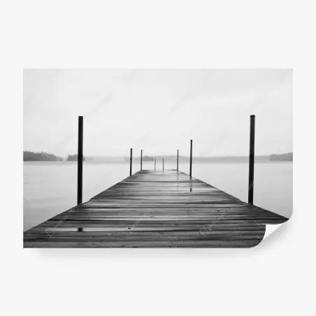 Wall mural misty lake pier in monochrome • Wallissimo®