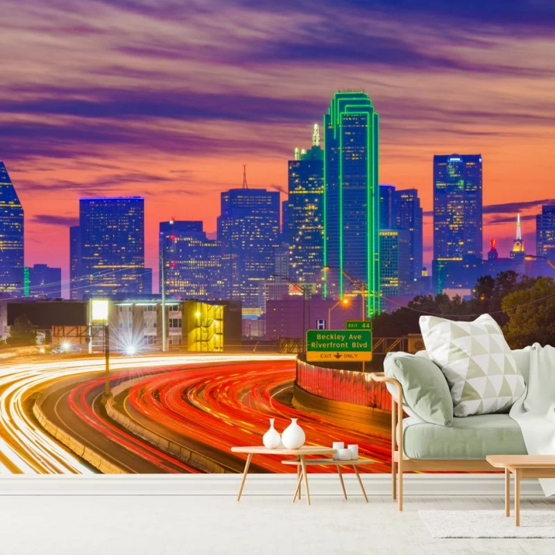 Wall mural Dallas skyline at sunset with highway light trails
