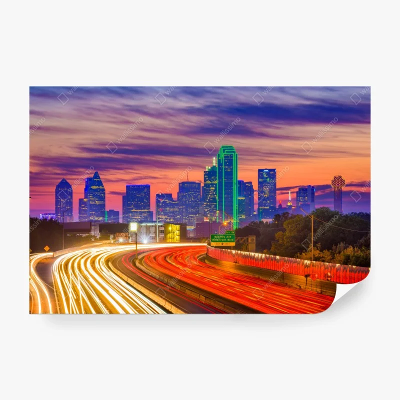 Wall mural Dallas skyline at sunset with highway light trails