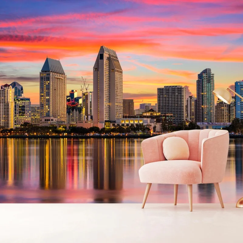 Wall mural San Diego sunset skyline reflection