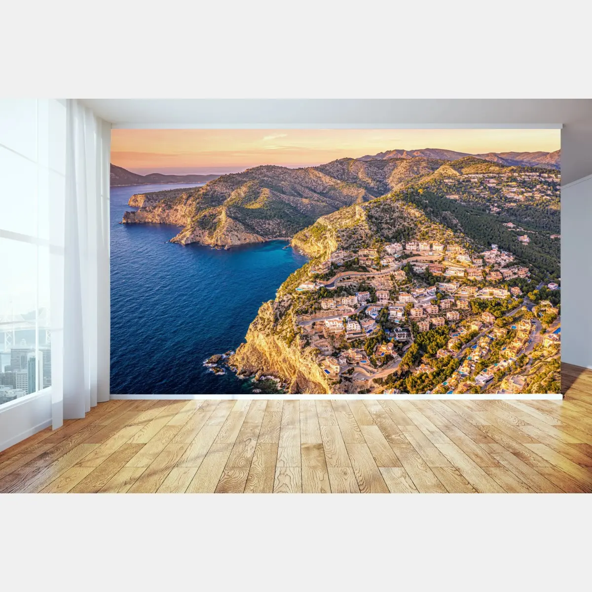 Wall mural sunset coastal landscape over cliffside village • Wallissimo®