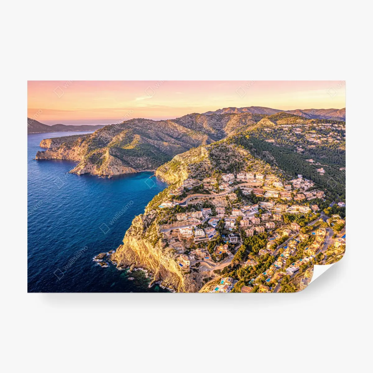 Wall mural sunset coastal landscape over cliffside village • Wallissimo®
