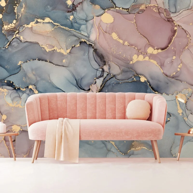 Wall mural soft pastel fluid marble with gold veins