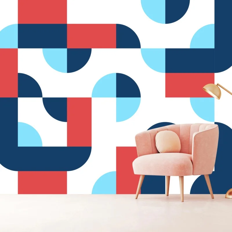 Wall mural bold geometric pattern in navy and coral