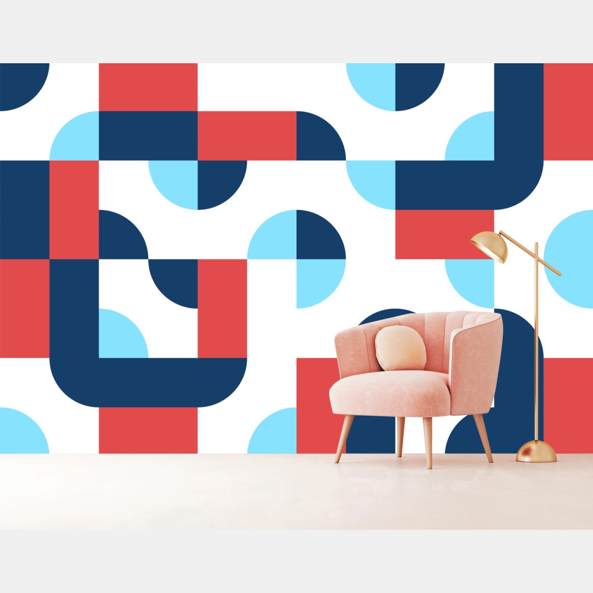Wall mural bold geometric pattern in navy and coral • Wallissimo®