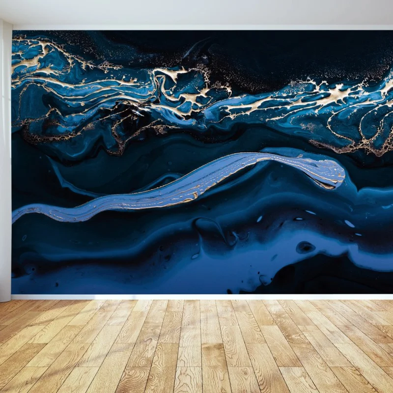 Wall mural navy and gold abstract flow
