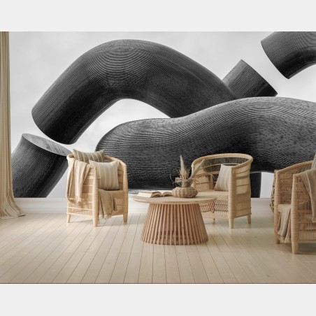 Wall mural curved forms abstract sculpture in grayscale • Wallissimo®