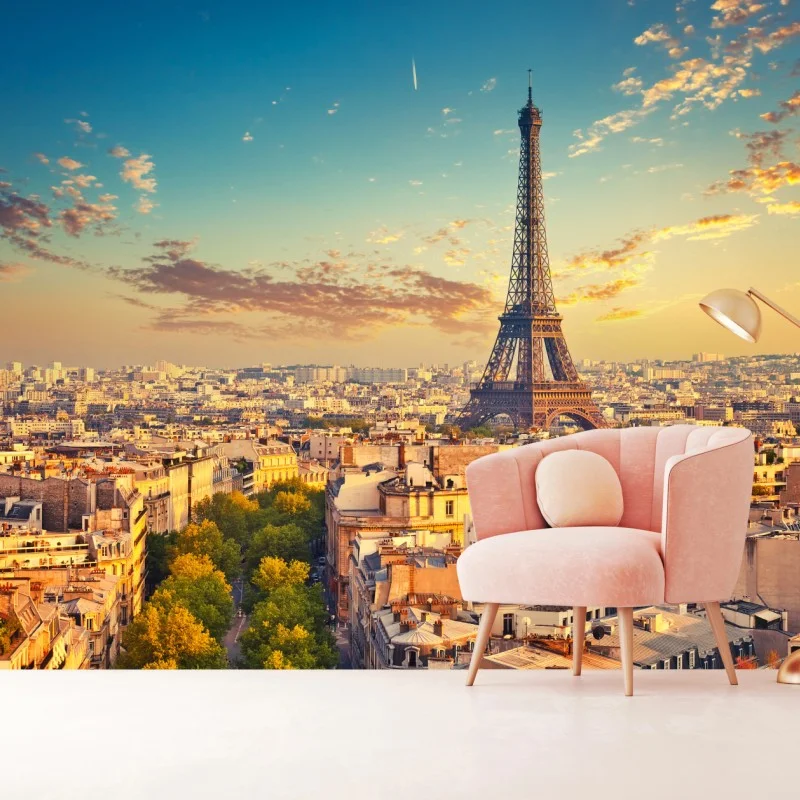 Wall mural sunset over Paris skyline with eiffel tower