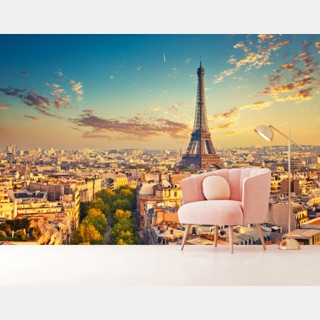 Wall mural sunset over Paris skyline with eiffel tower • Wallissimo®