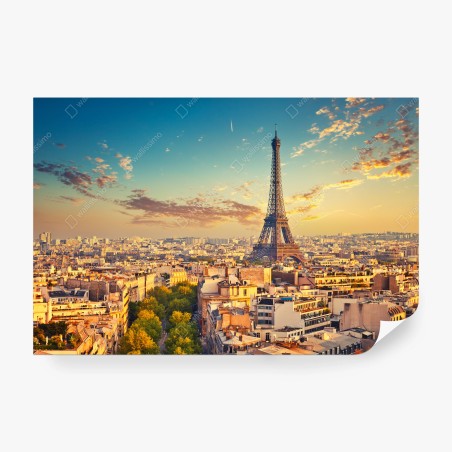 Wall mural sunset over Paris skyline with eiffel tower • Wallissimo®