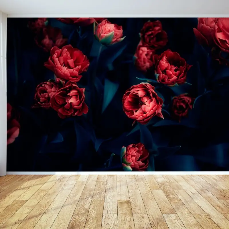 Wall mural moody red tulip bouquet