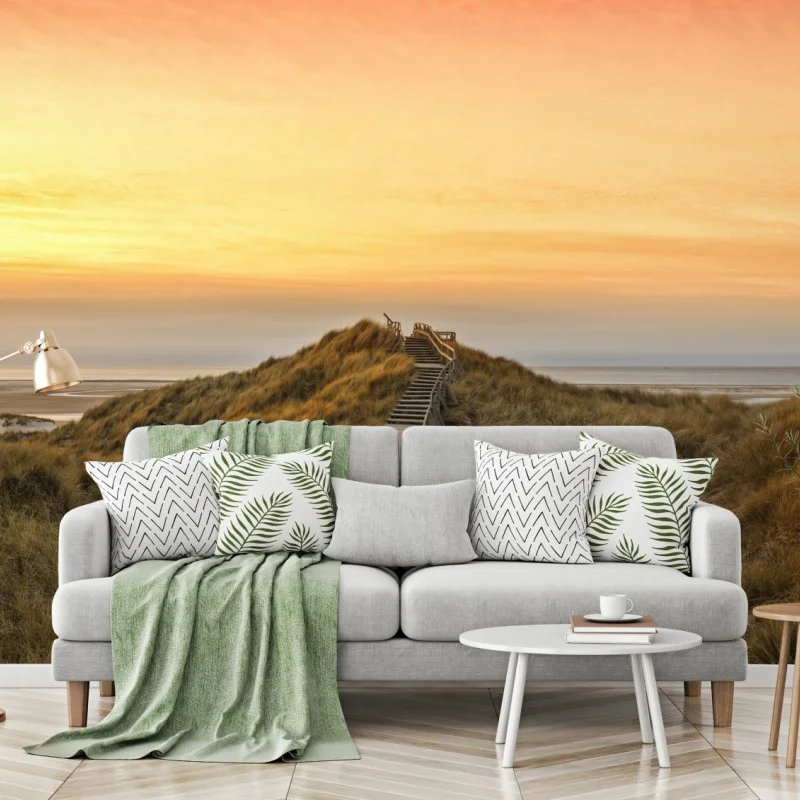 Wall mural sunset boardwalk to Amrum beach