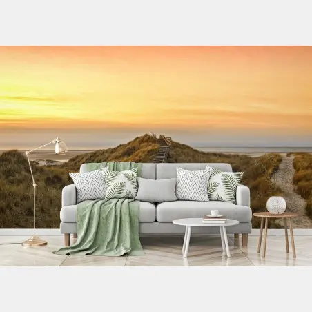 Wall mural sunset boardwalk to Amrum beach • Wallissimo®