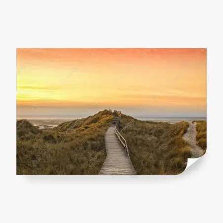 Wall mural sunset boardwalk to Amrum beach • Wallissimo®